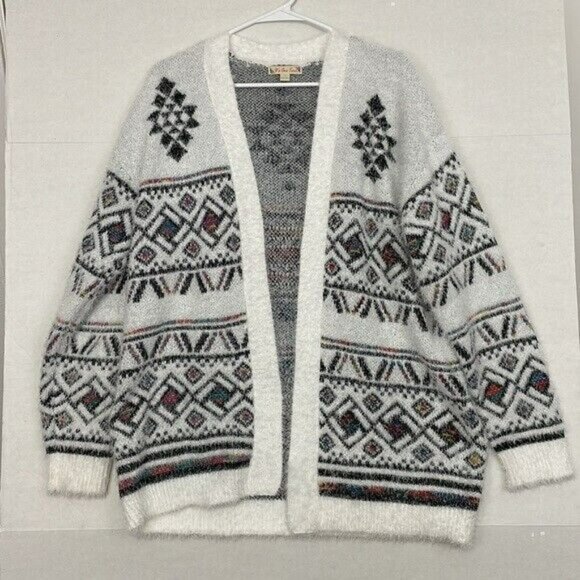 It's Our Time Cardigan Sweater, Soft Eyelash Knit, Aztec Pattern, Large - Picture 1 of 9
